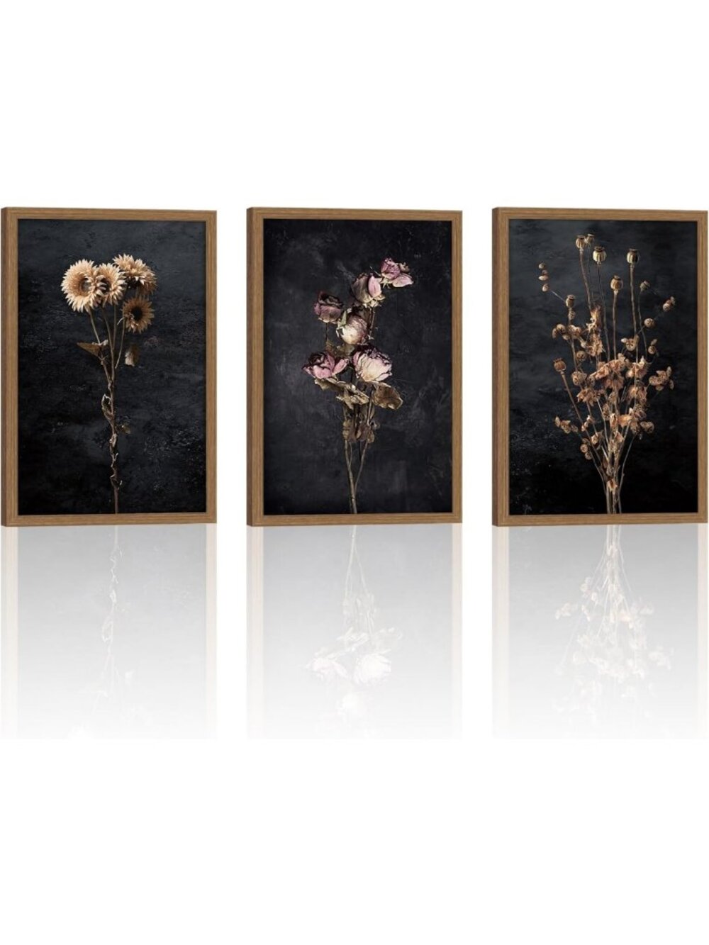 Vintage Floral Wall Art Set - Framed Canvas Prints, Dark Botanical Decor